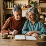 Pareja de hecho en Aragón revisando juntos sus papeles y su planificación patrimonial en casa