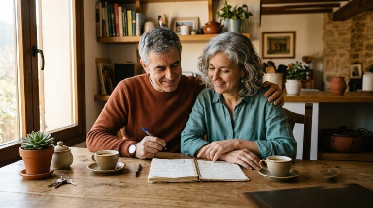 Pareja de hecho en Aragón revisando juntos sus papeles y su planificación patrimonial en casa