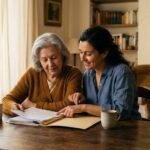 Poder preventivo en Aragon: madre e hija revisando documentos financieros juntas