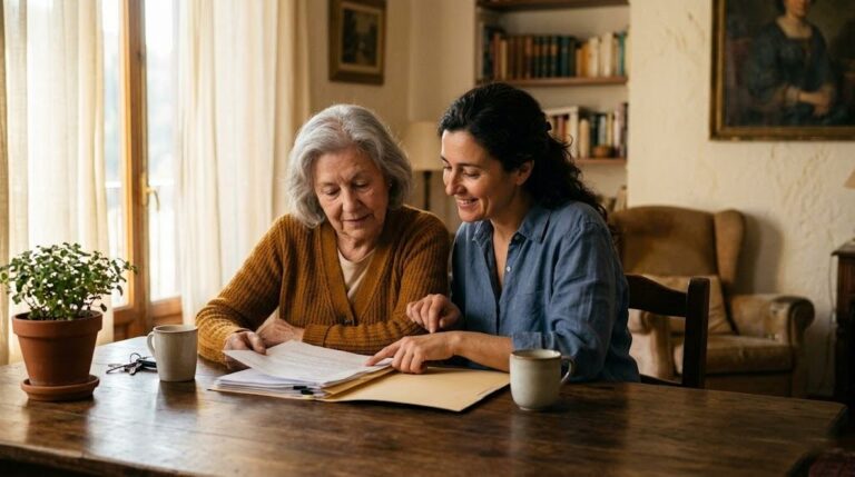 Poder preventivo en Aragon: madre e hija revisando documentos financieros juntas