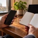 Manos de una persona mayor con un móvil y un cuaderno en blanco junto a un portátil: herencia digital