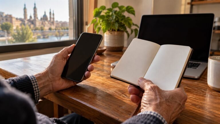 Manos de una persona mayor con un móvil y un cuaderno en blanco junto a un portátil: herencia digital